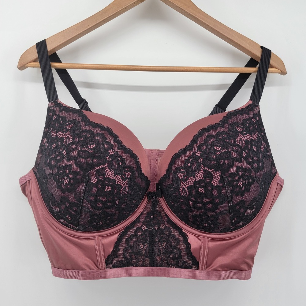 Torrid Longline Bra 42DD Dusty Rose Pink Black Lace Satin Underwire Padded Cup